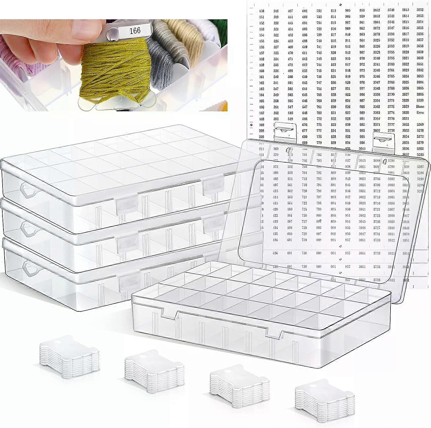 Embroidery Floss Organizer Box Set, 4 Sets with 24 Grids, 50 Pcs, Cross Stitch Storage with Compartments, Bobbins & Stickers