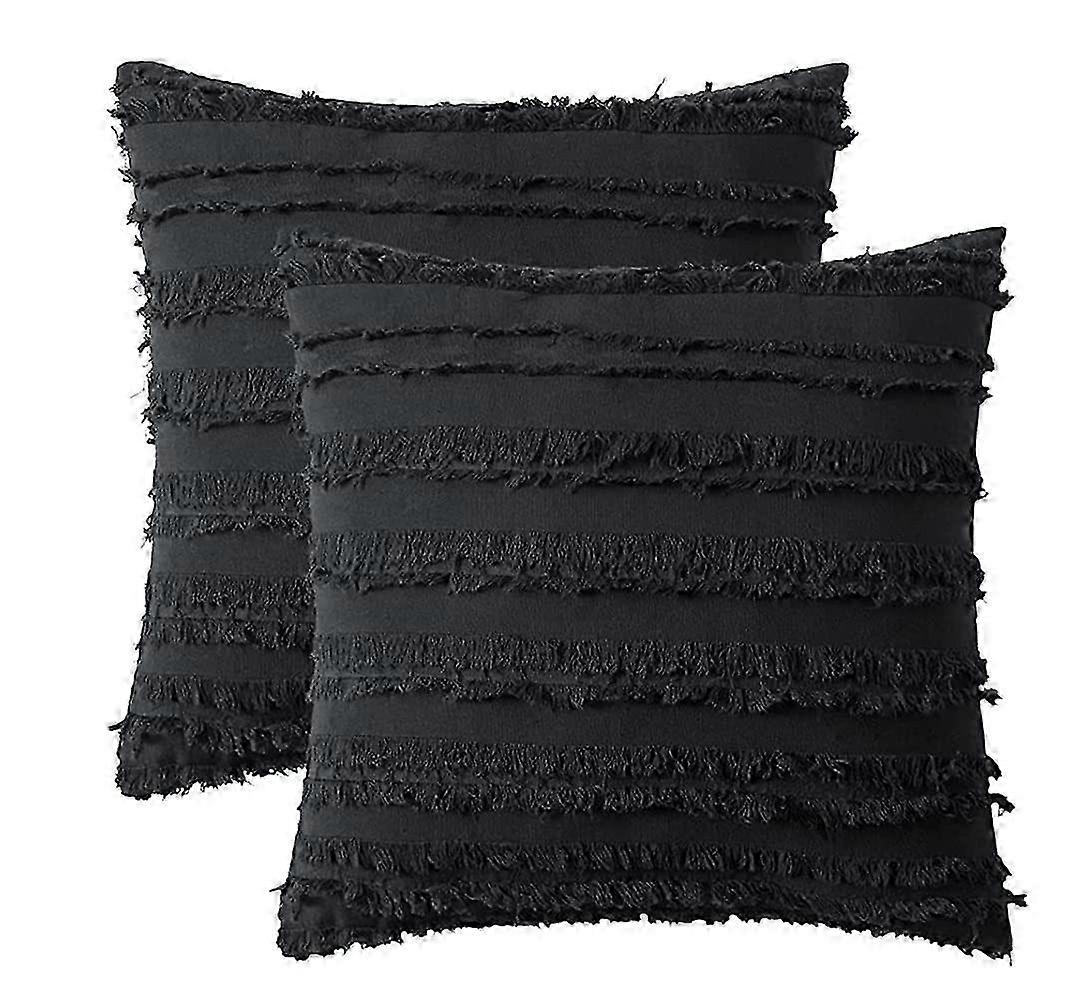 Set of 2 Decorative Boho Throw Pillow Covers Linen Striped Jacquard...