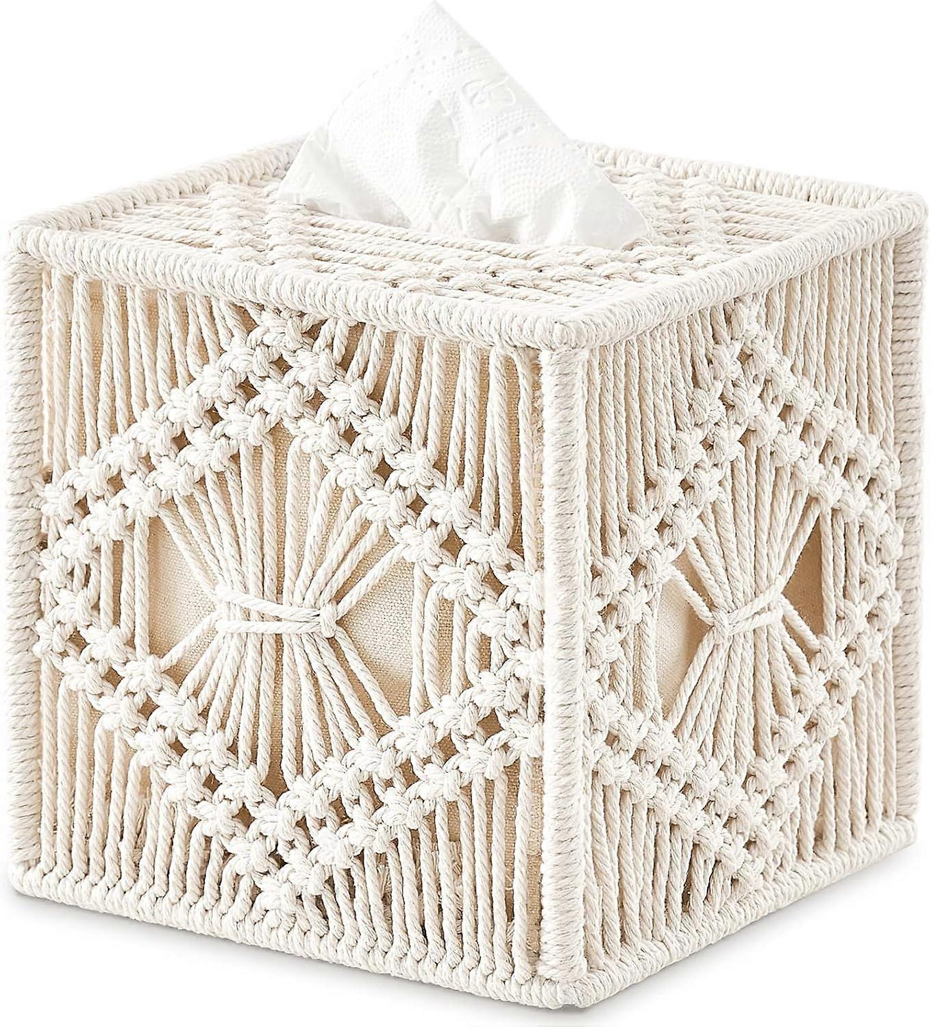 Square macrame tissue box with open bottom - Handmade bohemian fabric
