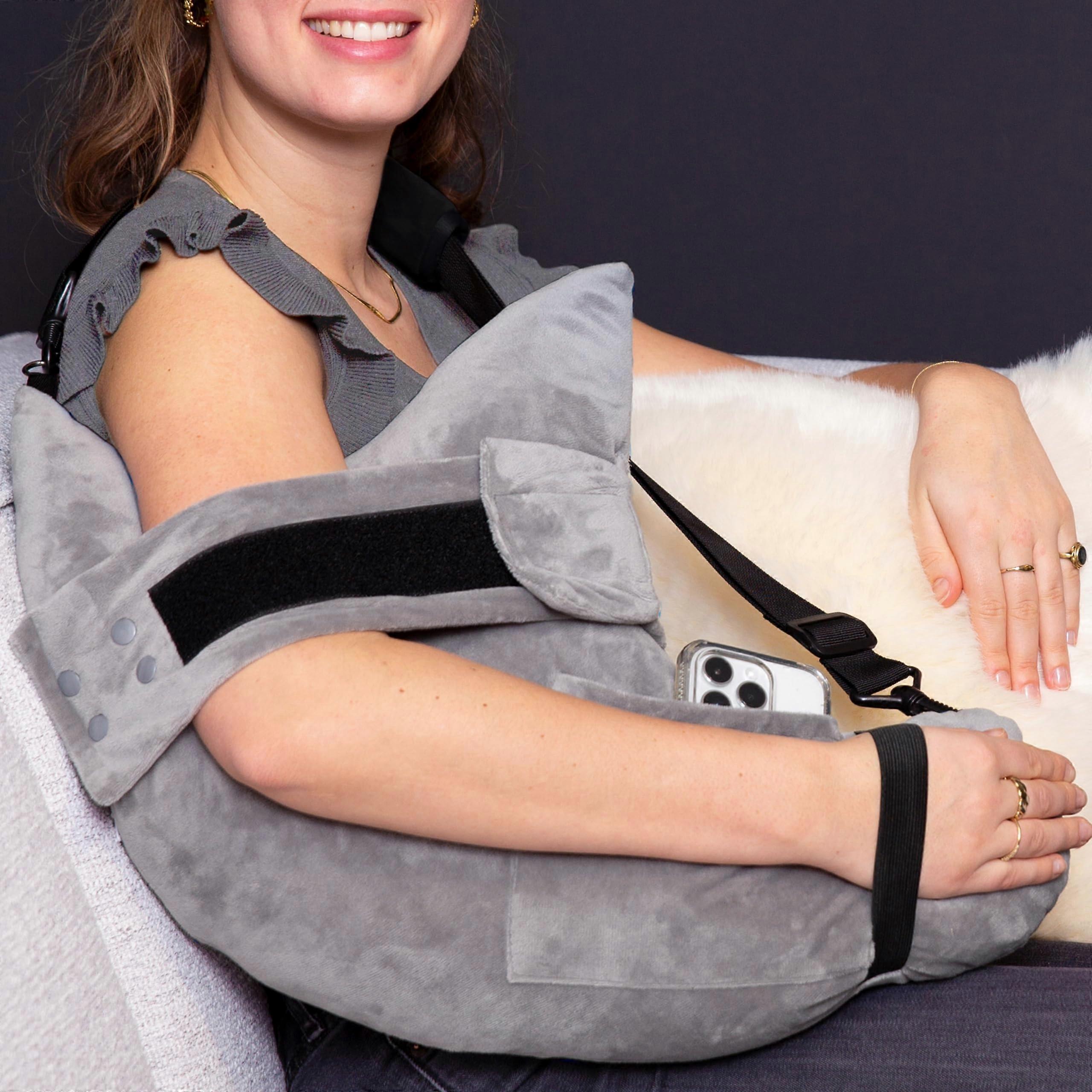 Post Shoulder Surgery Pillow With Pocket Rotator Cuff Pillow For Sleep Cloud Grey With Arm And Shoulder Strap S/M
