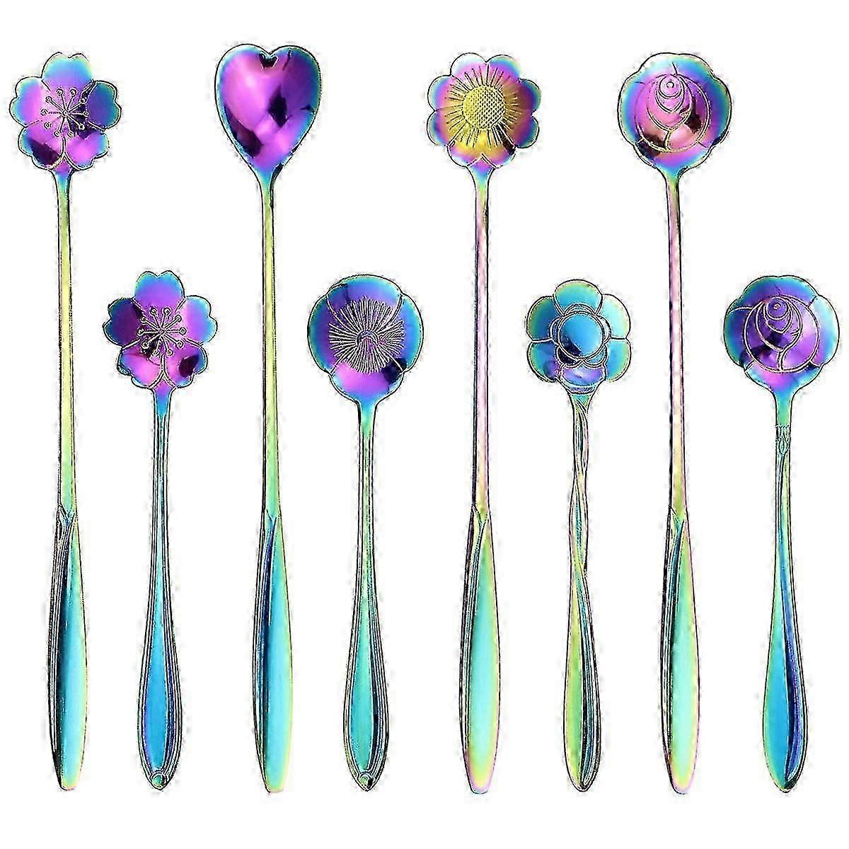 Rainbow Spoons Set of 8 - 2 Sizes Stainless Steel Flower Coffee Mixing Spoons