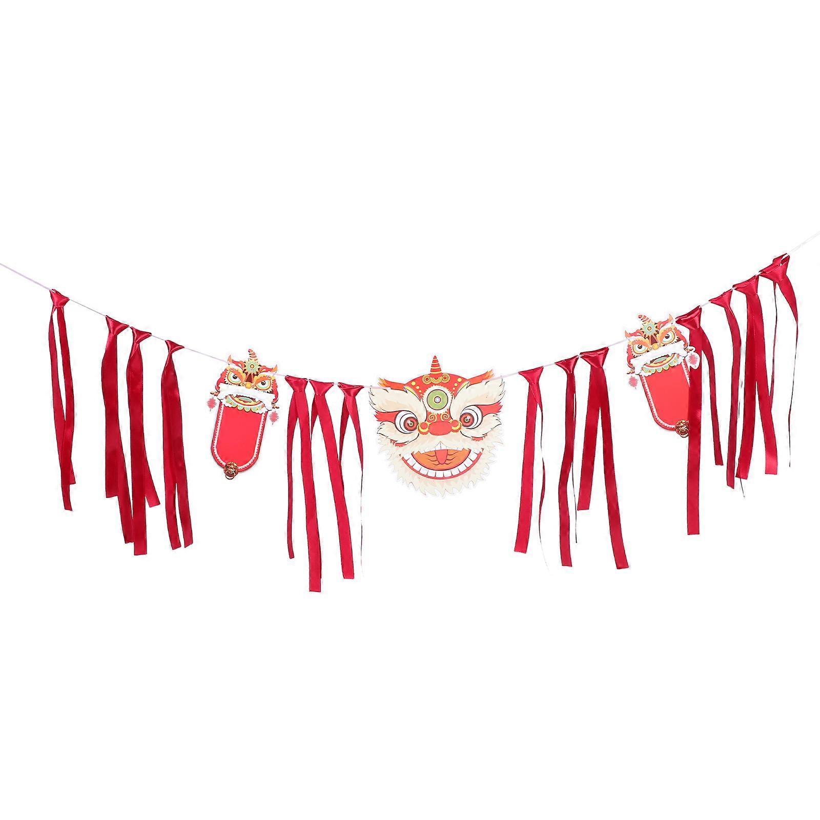 Red Party Hanging Banner with Dancing Lion for New Year Decoration 7Sets