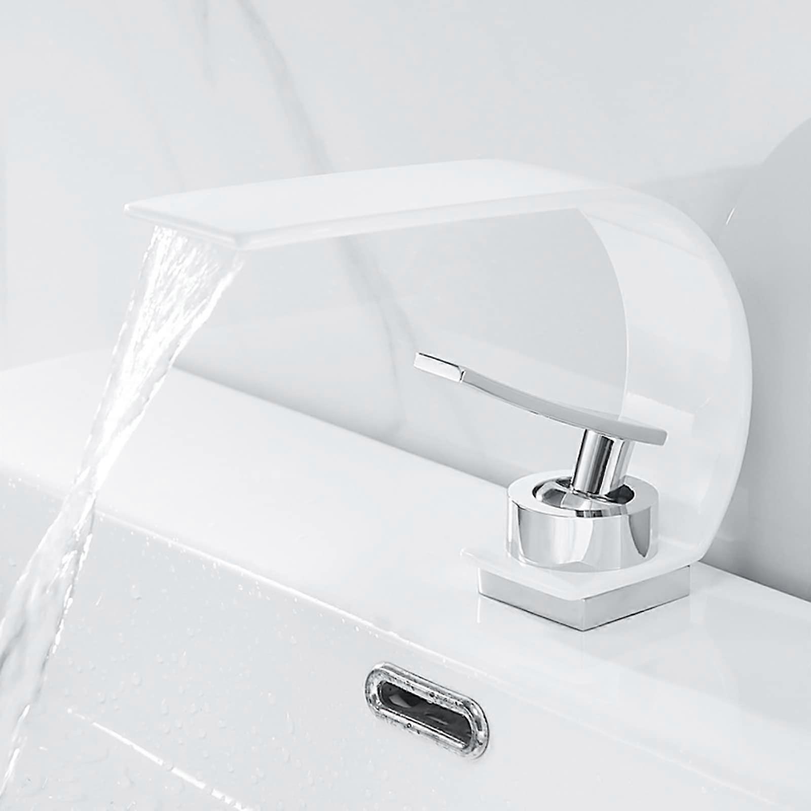 Brass Waterfall Basin Mixer Tap For Countertop Sink, Single Lever, White Finish, Modern Bathroom Faucet