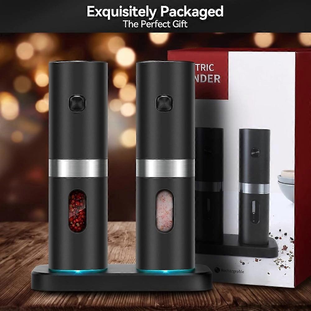 Electric Salt & Pepper Grinder Set, Rechargeable Base, USB Cable, Adjustable Coarseness, One-Hand Operation, LED Light