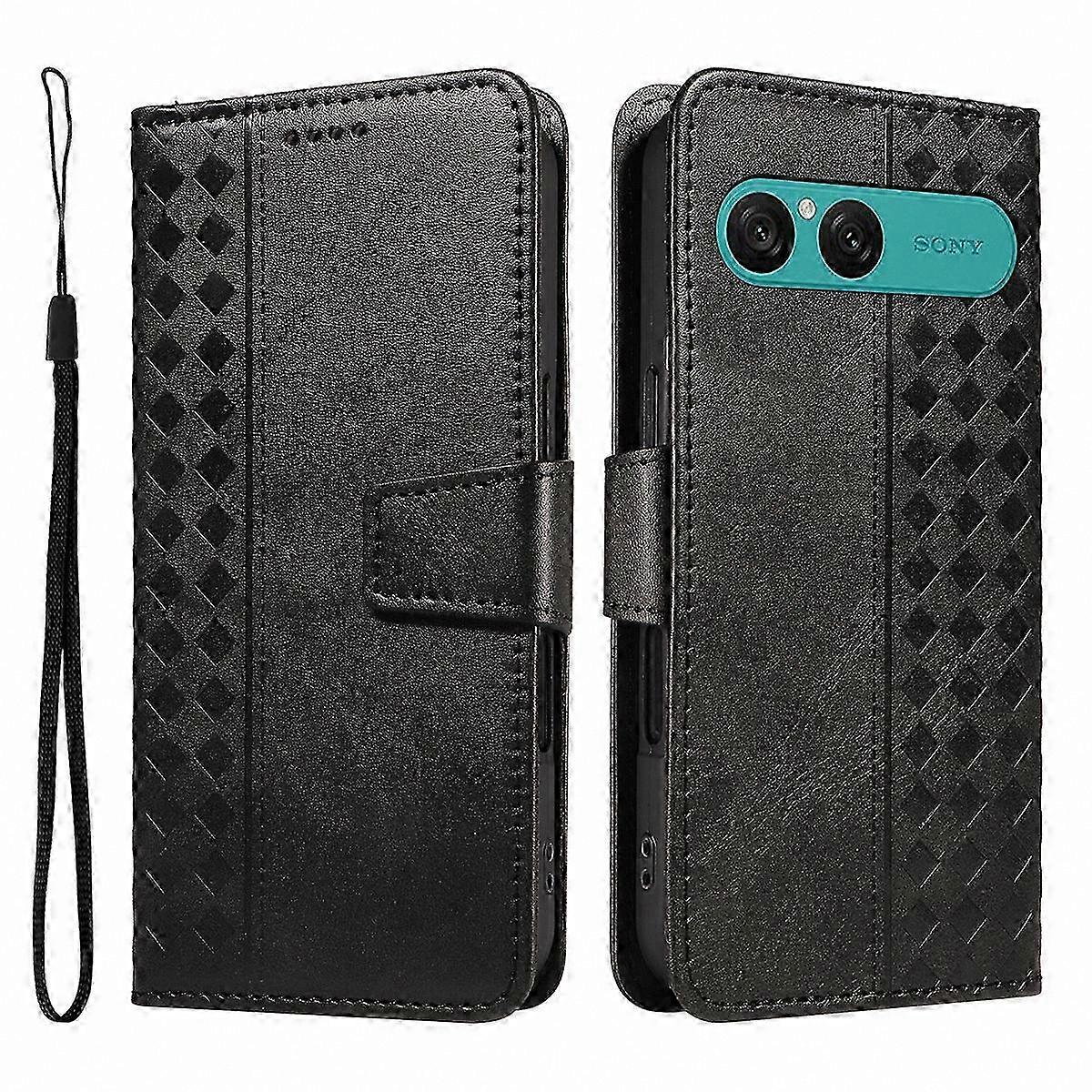 Leather Wallet Case with Stand and Strap for Xperia 10 VII, Grid Pattern Phone Cover