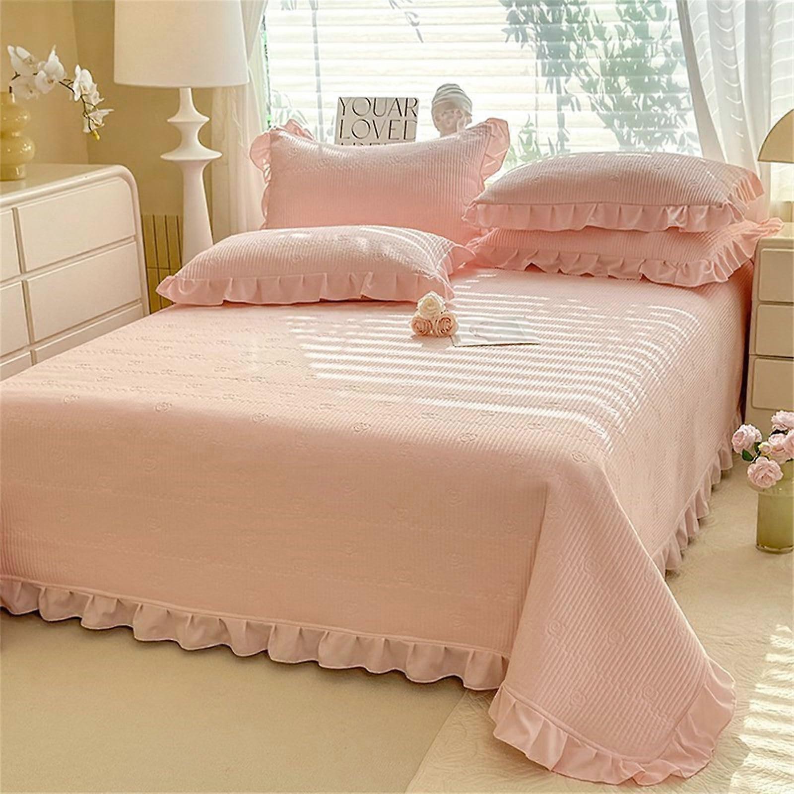 Quilted Bedspread Flower Embossed Reversible Microfiber Bed Throw Pink 230x250cm Single Double King Size