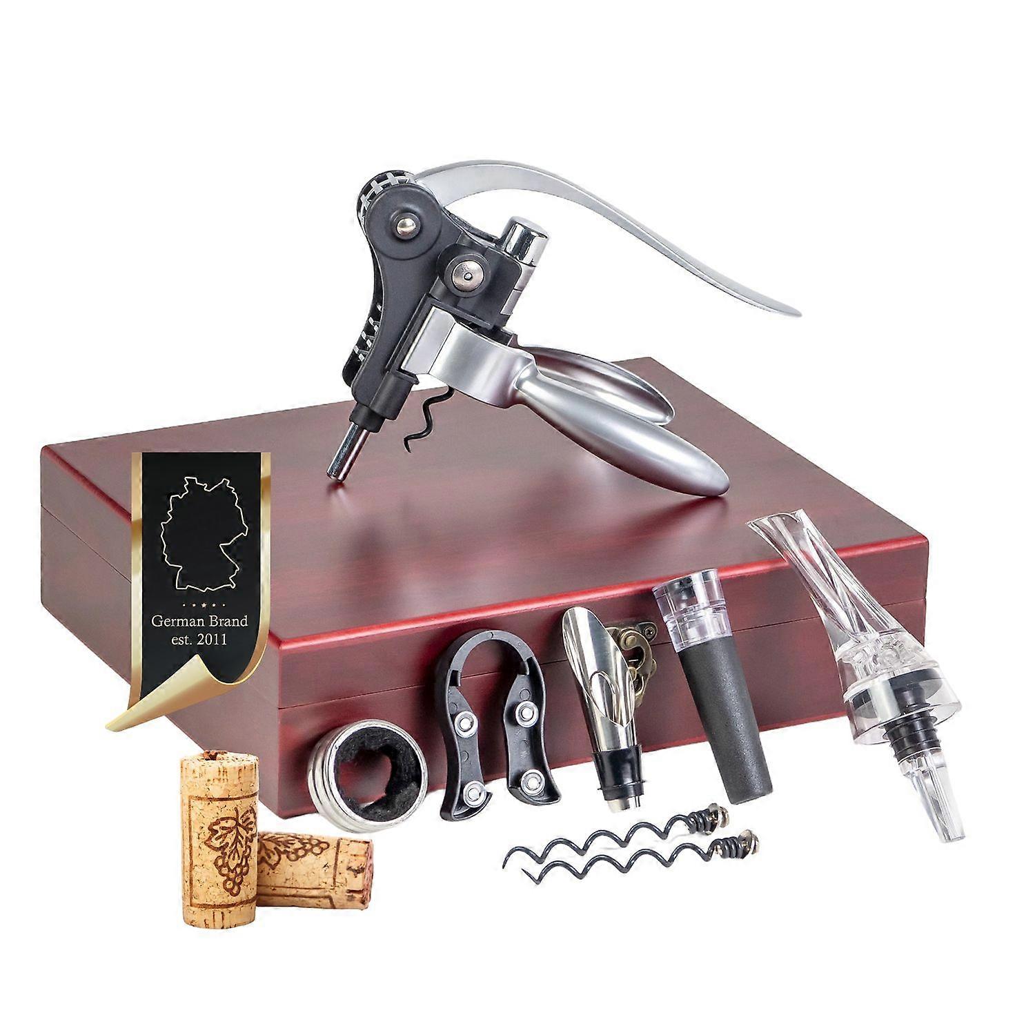 Sommelier set, accessories for wine in an elegant wooden box - 27 x 22 x 7 cm - with wine opener, corkscrew, pourer and more (9 pcs.)