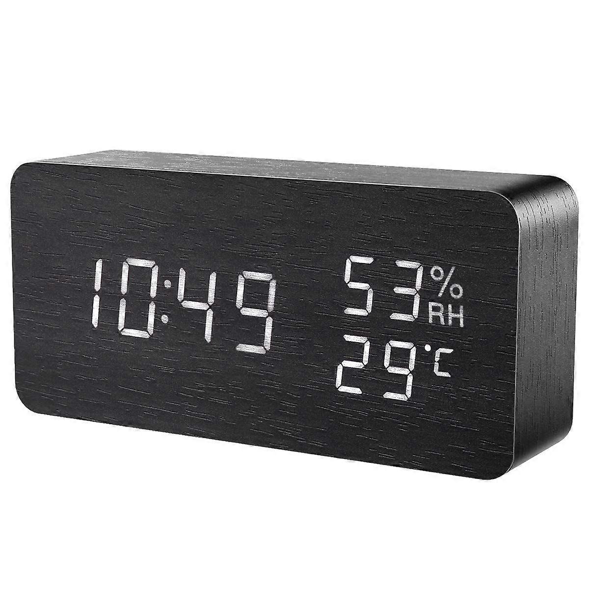Wooden LED Alarm Clock, Displays Date/Time/Temperature/Humidity, Digital Clock with LED Backlight, 3 Adjustable Brightness, 3 Alarm Clocks, Sound Cont