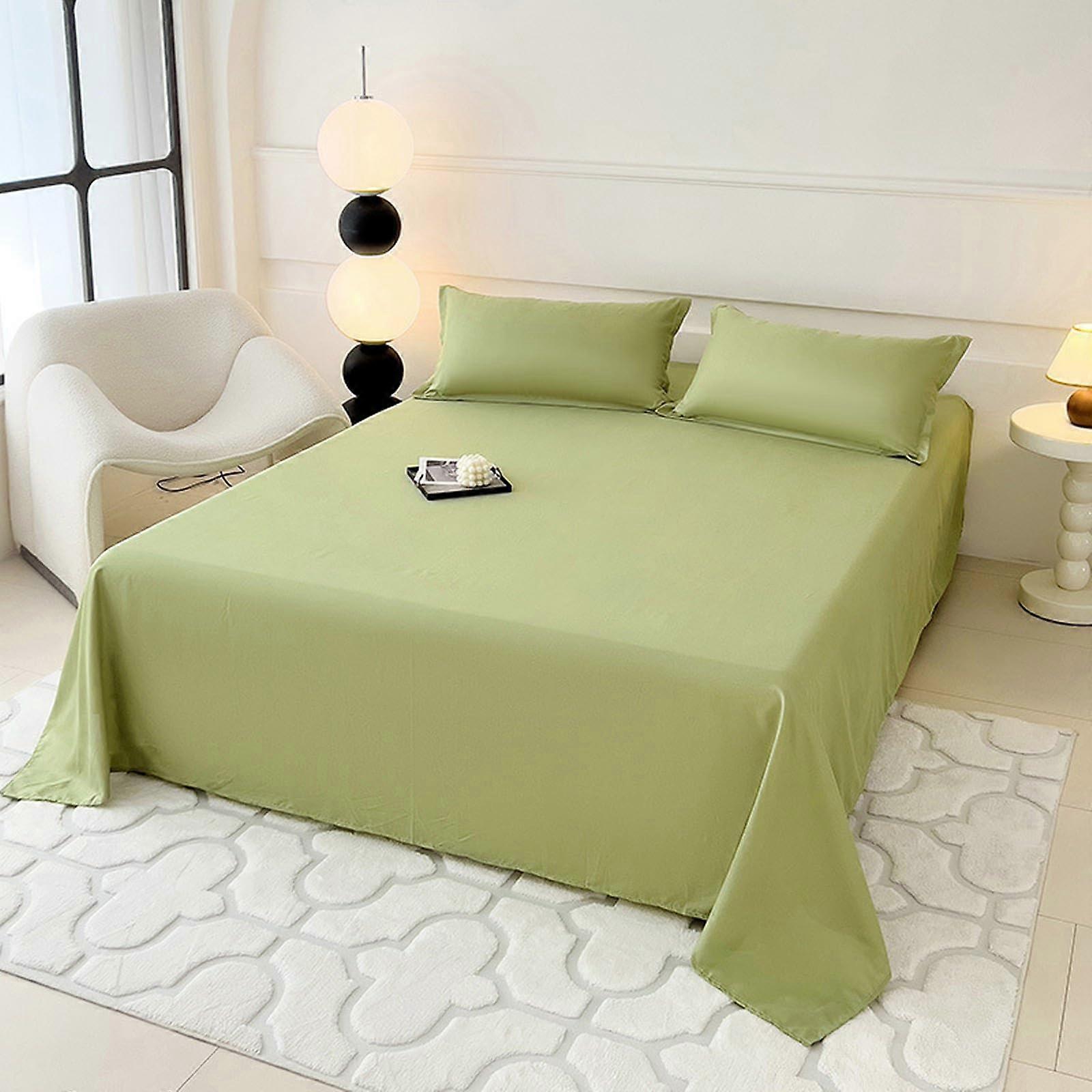 Super Soft Cotton Flat Sheet 230x250cm with Pillowcase, Green, Cozy Machine Washable Bedding Set