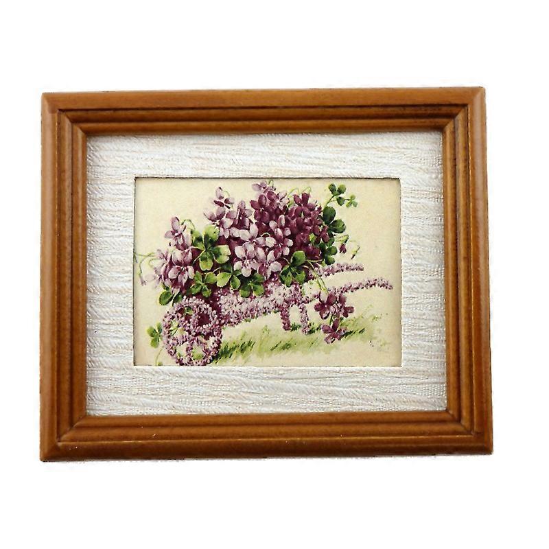 Dolls House Wheelbarrow Of Violets Picture In Walnut Frame Miniature Accessory