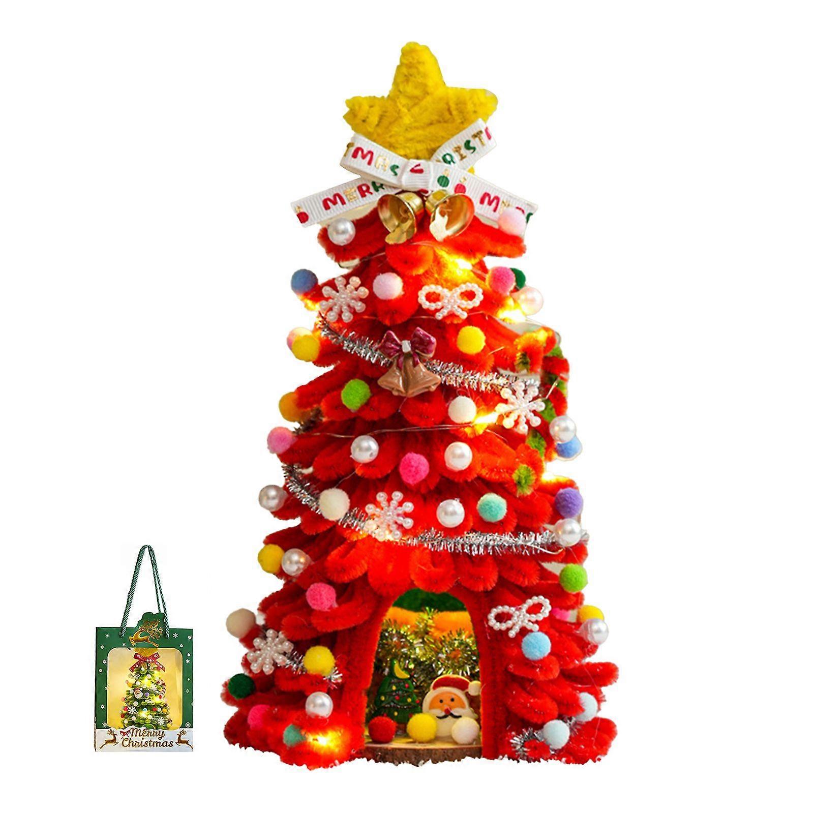 DIY Pipe Cleaners Christmas Tree Kit with String Light Twistable Plush Stick Xmas Tree Winter Bendable Fuzzy Stem Craft Kit for Holiday Home Party Dec