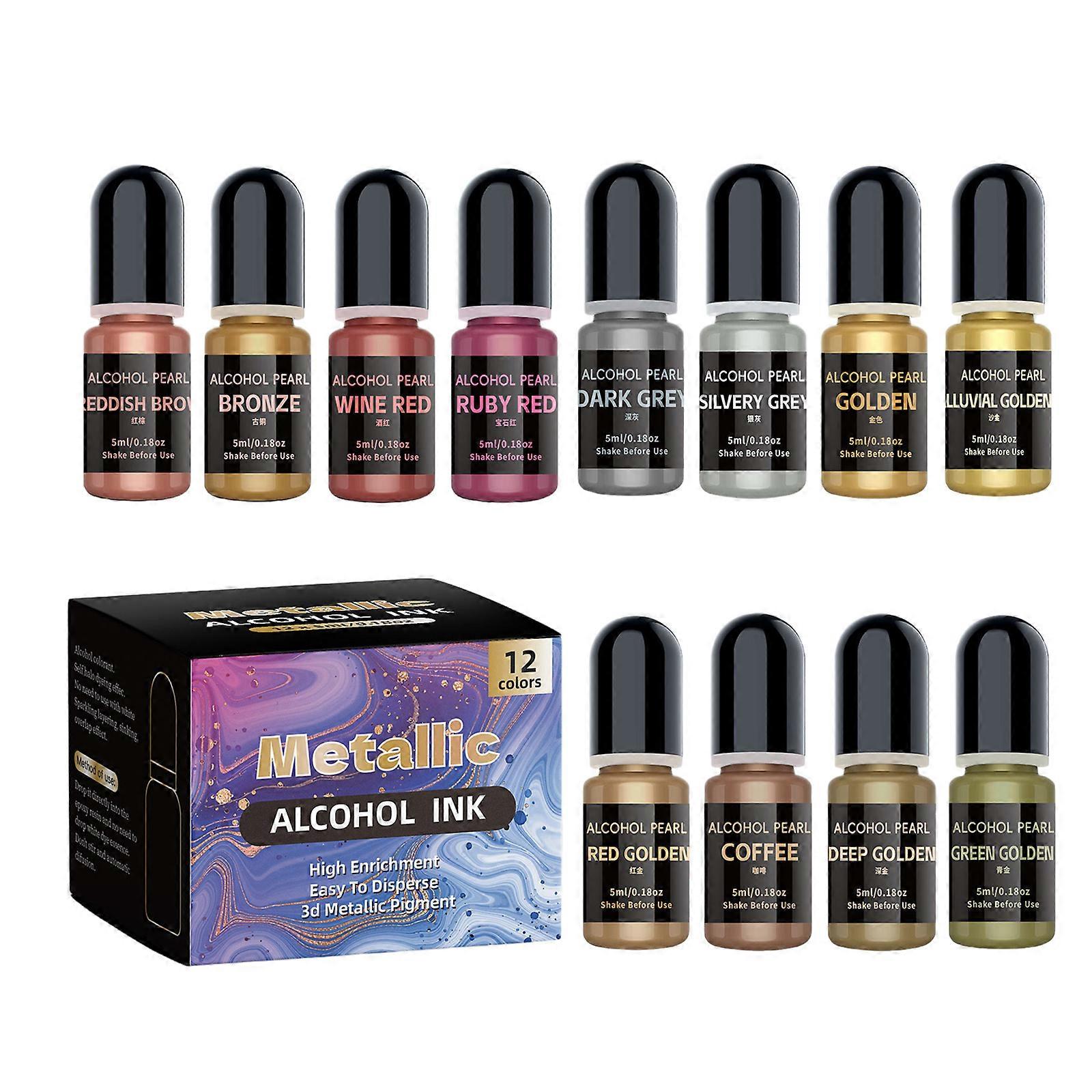 Metallic Alcohols Ink Set 12 Colors for Epoxy Resin Art and Painting Concentrated Shimmer Dye for Creative DIY Projects Multicolor