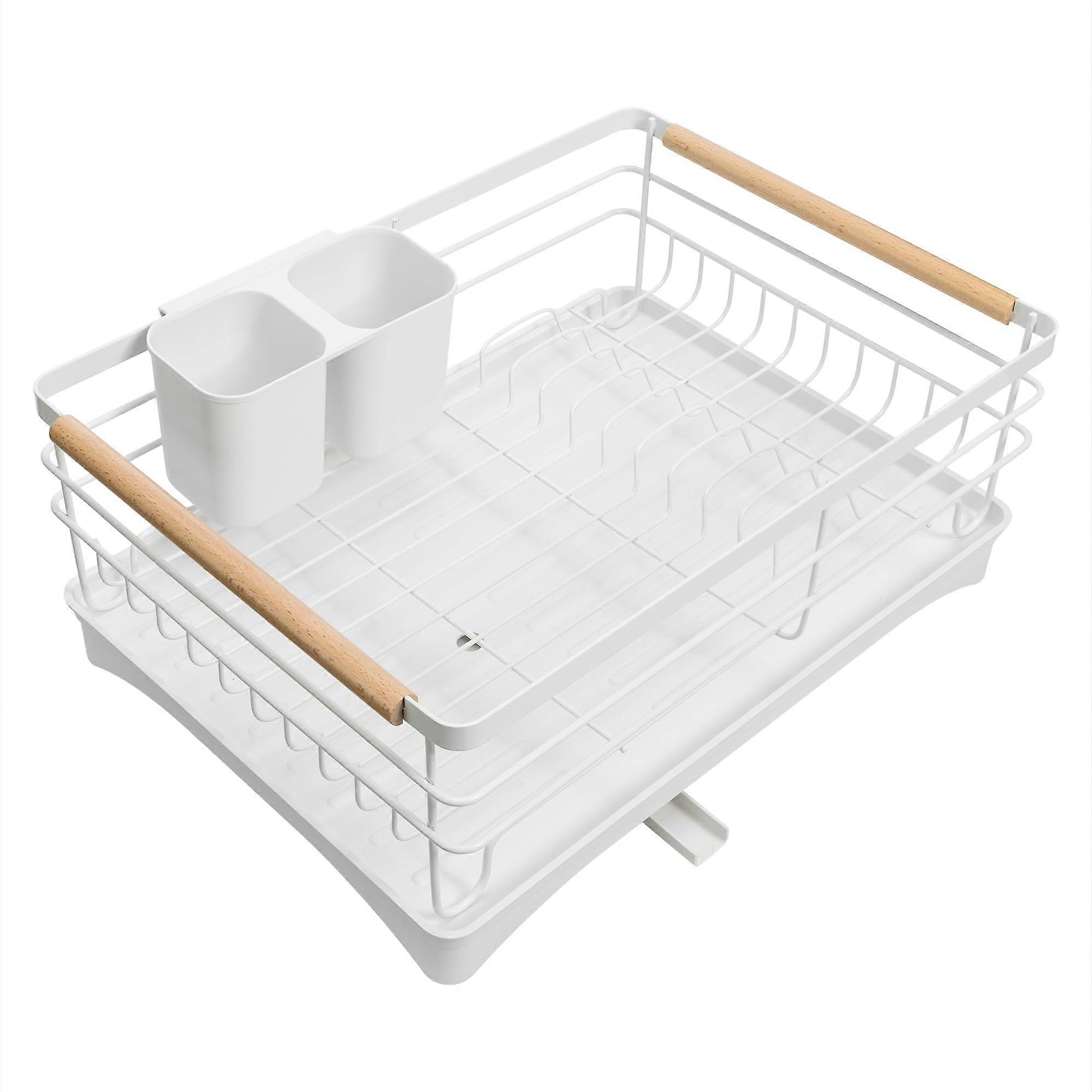 Dish Drying Rack with Wooden Handle and Drip Tray, Compact Kitchen Countertop Dish Drainer