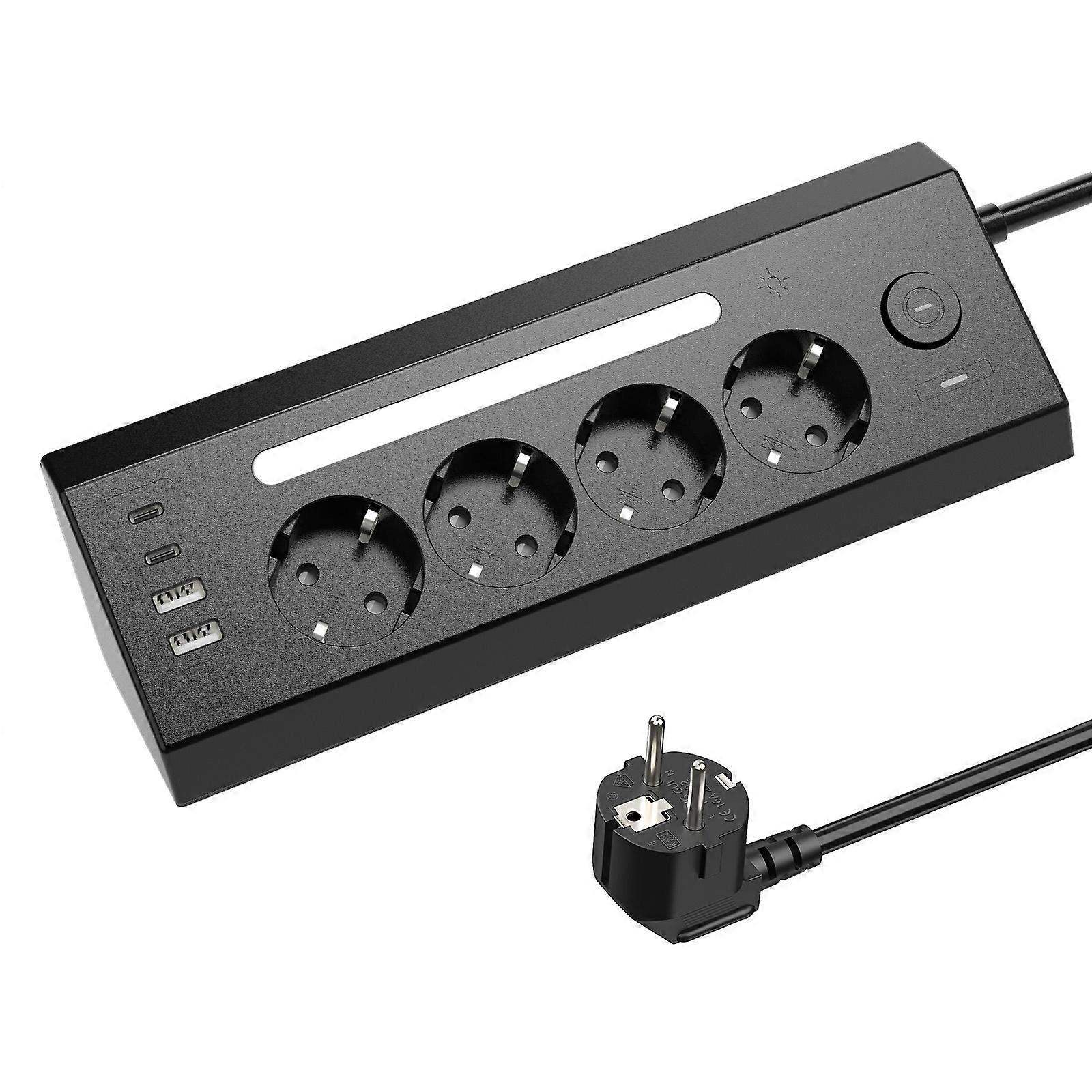 8-in-1 EU socket board with 2USB+2Type-C+ master control switch, 1.8-meter extension cord, and night light adjustment function