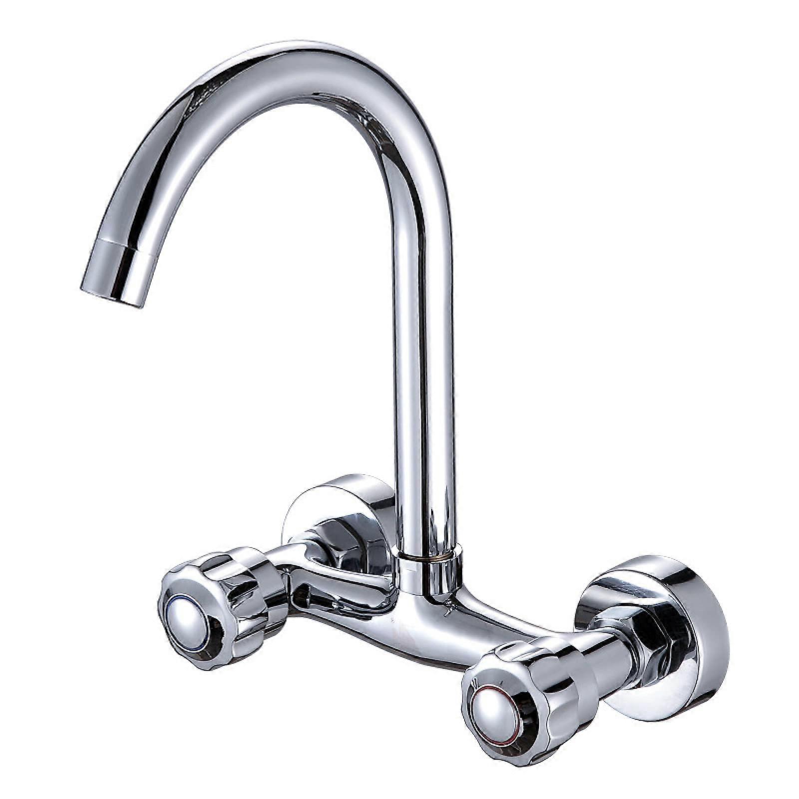 Wall Mount Double Handle Brass Kitchen Faucet with 360° Swivel Spout, Chrome Finish, Brown
