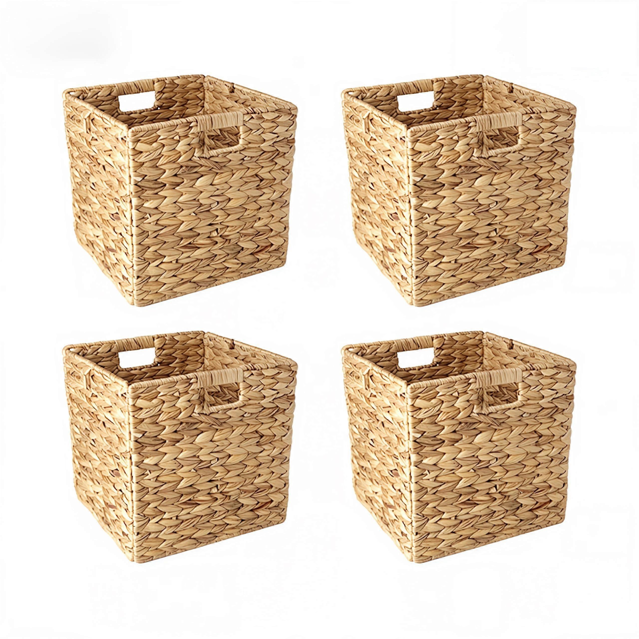 Set of 4 Water Hyacinth Storage Baskets 12x12x12 Handwoven Wicker Cube with Handles for Shelves