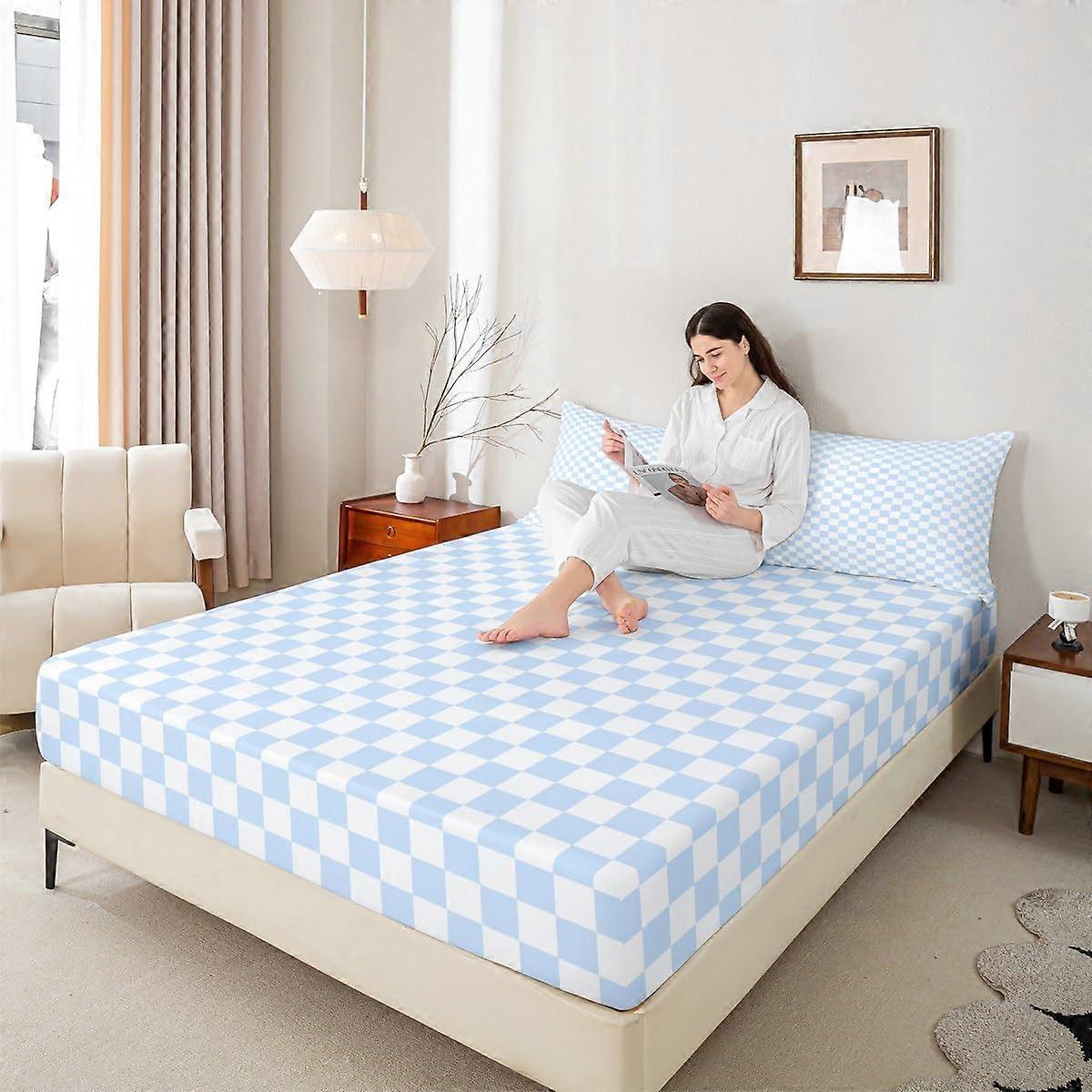 Blue and White Plaid Full Size Fitted Sheet Set with 2 Pillowcases, Soft Microfiber Deep Pocket