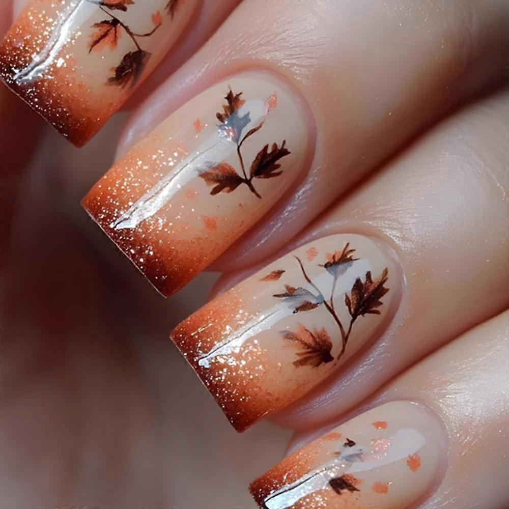 Orange Glitter Press On Nails Medium Square Maple Leaf Design Reusable Fake Nails 24PCS