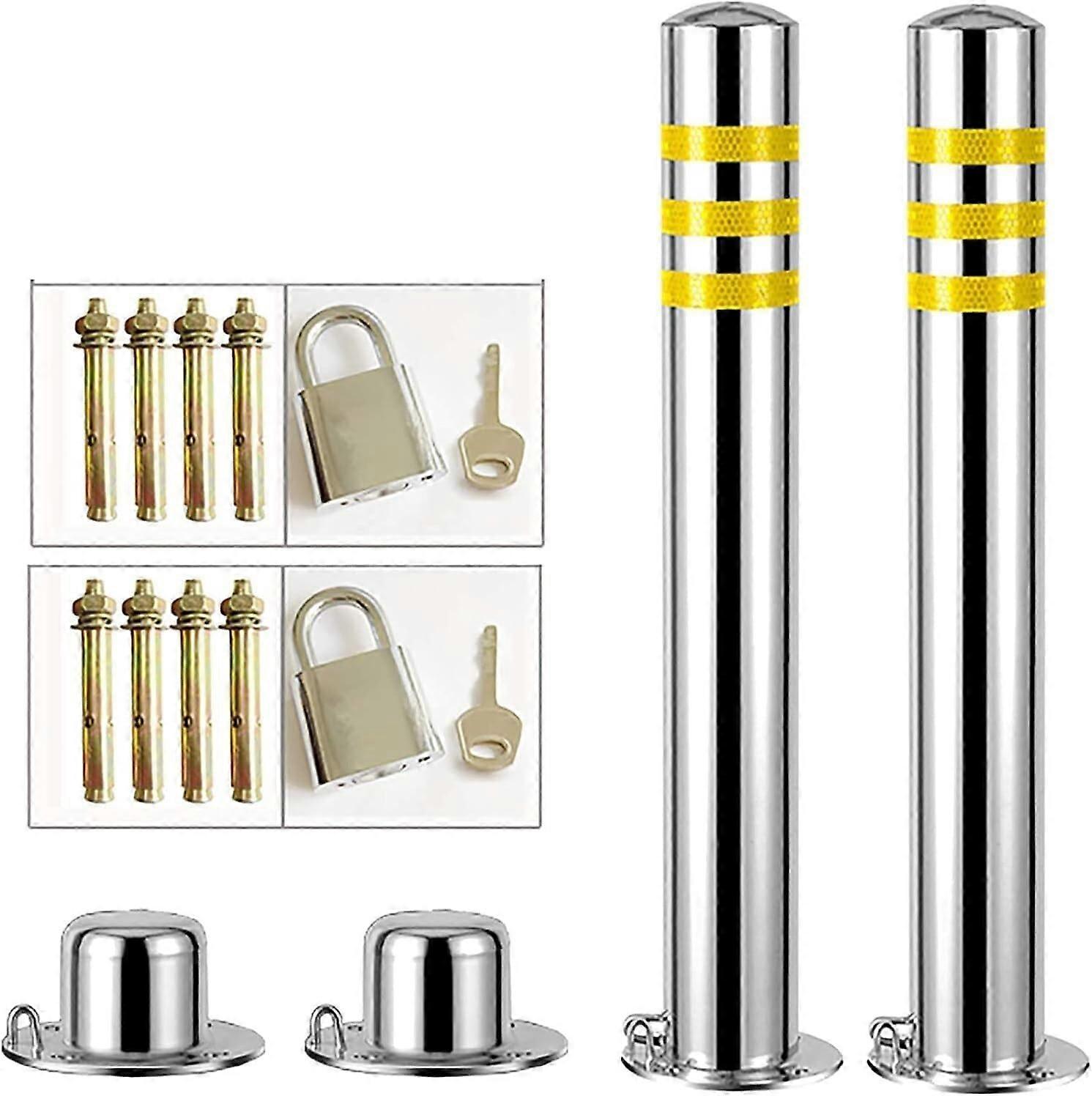 Lockable Stainless Steel Parking Barrier Posts with Reflective Tape, Driveway Security Bollards 2pcs