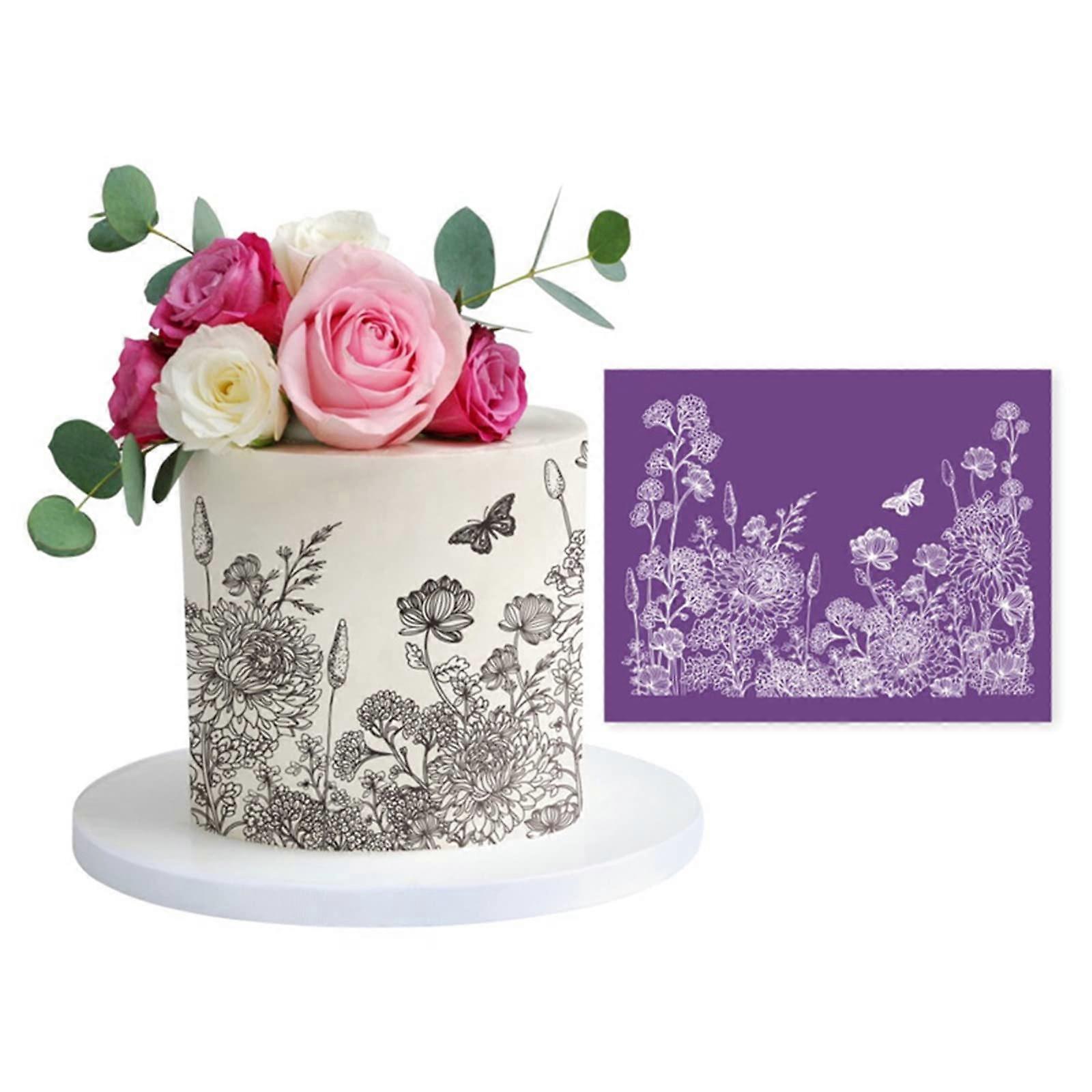 Reusable Lace Cake Decorating Stencil with Flower and Grass Pattern for Royal Icing Cakes