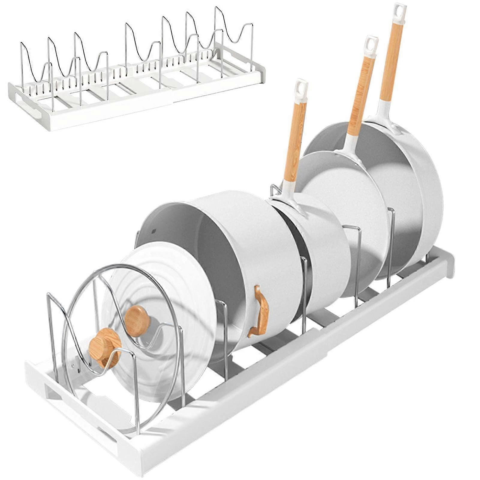 Adjustable Pot and Pan Organizer Rack with 7 Expandable Compartments for Cabinet Kitchen Storage