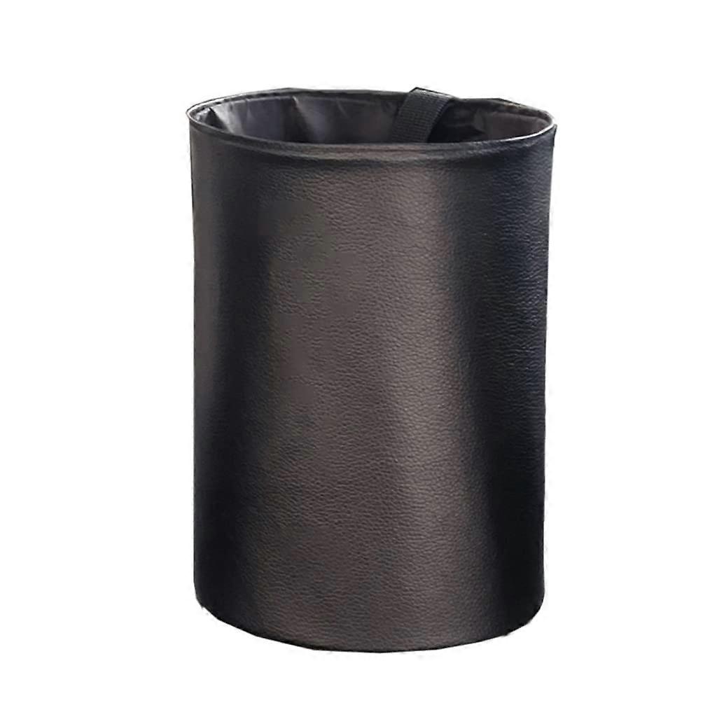 Car Trash Can Leather with Lid Foldable Garbage Bin Organizer Small Black Easy Clean Adjustable Strap