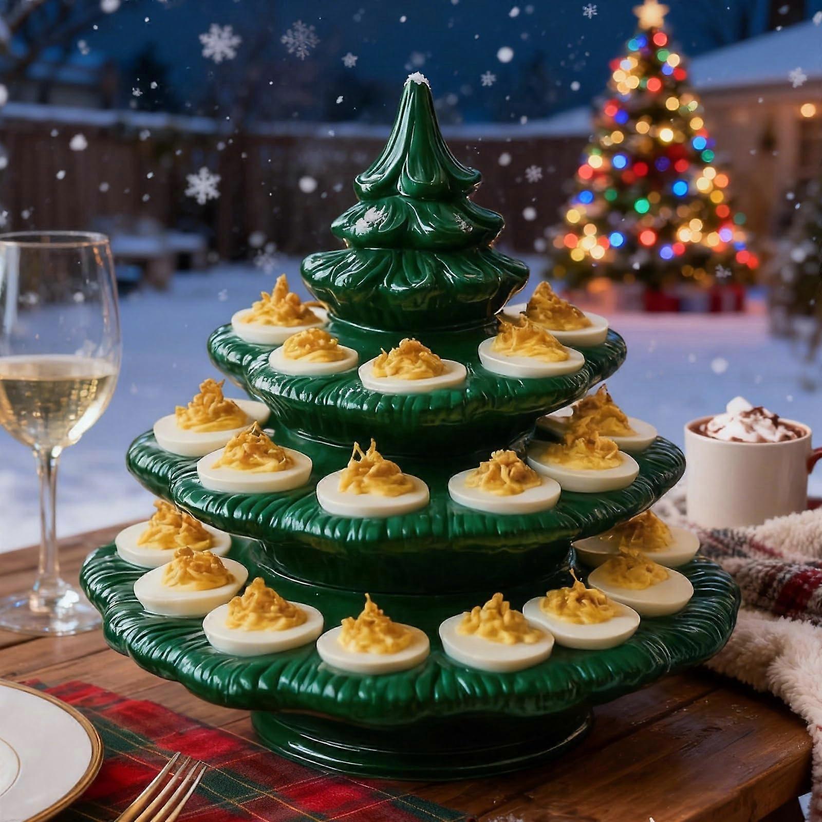 Christmas Tree Deviled Egg Tray with Lid, 24Egg Festive Resin Platter, Holiday Green Dish