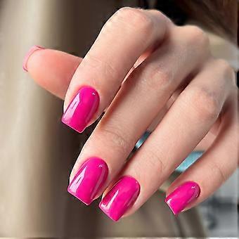 Hot Pink Press On Nails Kit, Short Glossy Square Fake Nails, Reusable Gel Manicure with Adhesive Tabs and Nail File