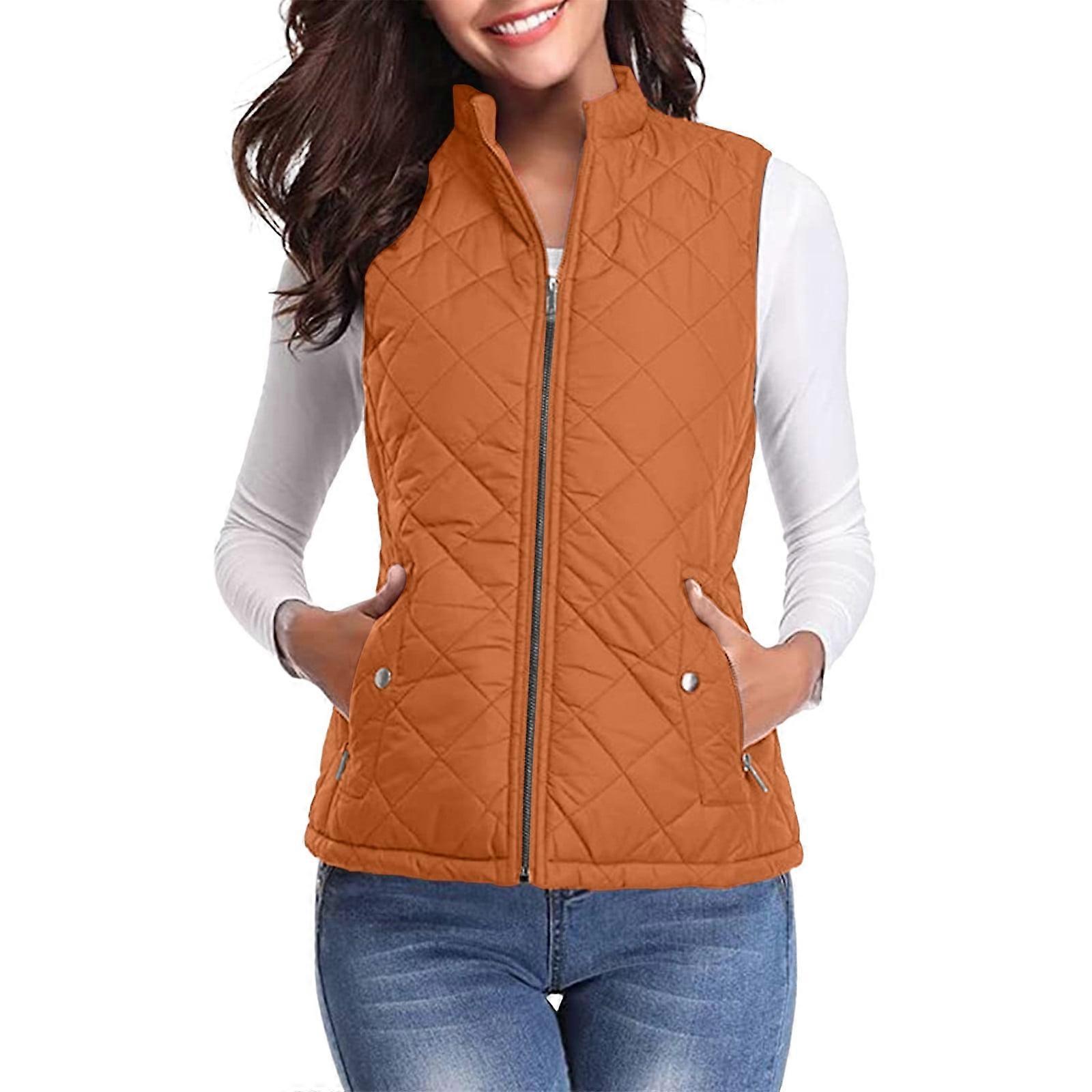 Vest for Women Winter Fall Basic Button Vest Solid Keep Warm Sleeveless Jacket with Pocket,Orange