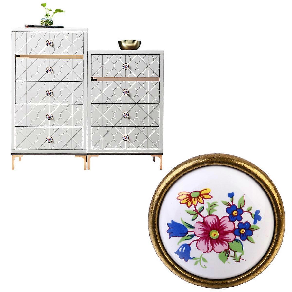 4pcs Ceramic Door Knobs Flower Printing Pull Handle Country Style Drawer Knobs DIY Cabinet Handle