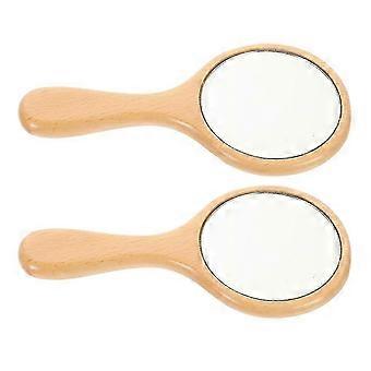 Handheld Makeup Mirror with Beech Wood Handle, Clear Reflection, Compact Portable Design for Travel and Daily Use, 2 Pcs
