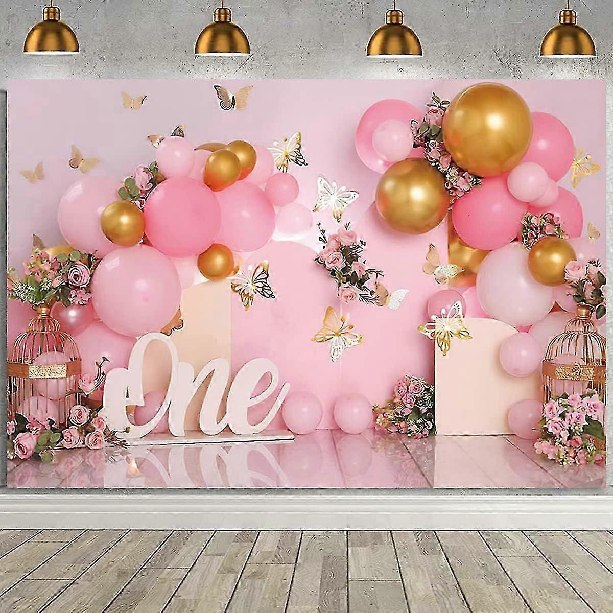 Sweet One Pink Balloons Gold Butterfly Backdrop