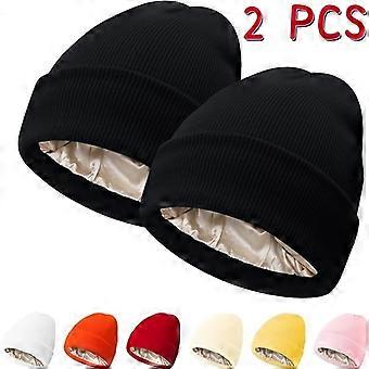 2 Pcs Silk-Lined Satin Beanie for Women and Men, Warm Anti-Frizz Anti-Static Wool Blend Winter Cap for Cold Weather