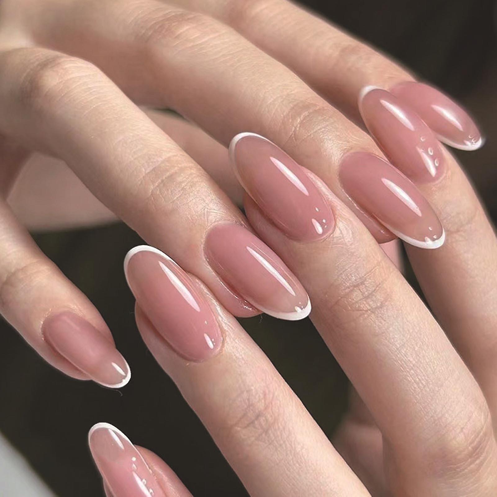 French White Tips Pink Fake Nails Medium Press On Elegant Fingernails