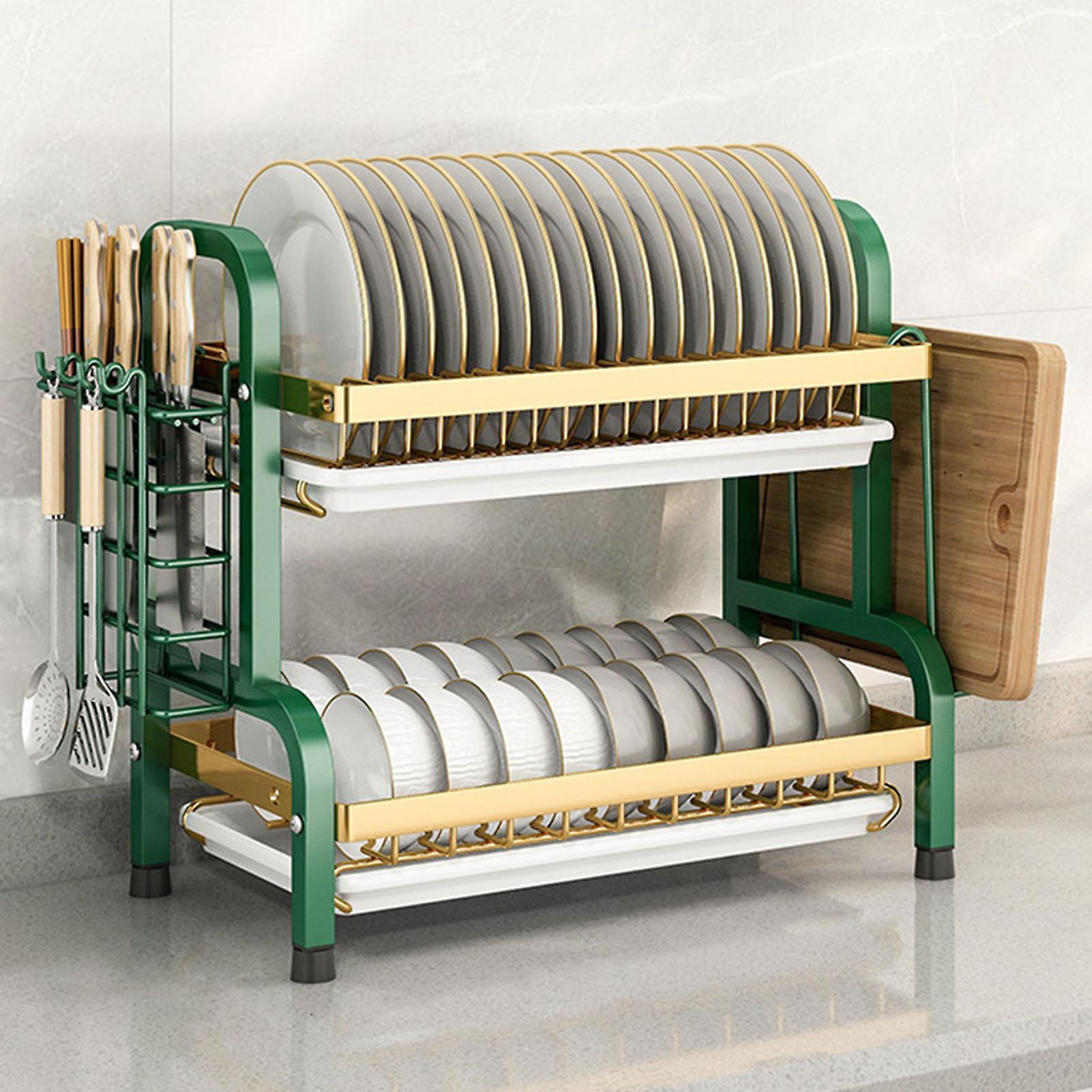 2 Tier Dish Drying Rack with Drainboard Dish Drainer with Removable Utensil Holder for Dishes Knives Spoons and Forks