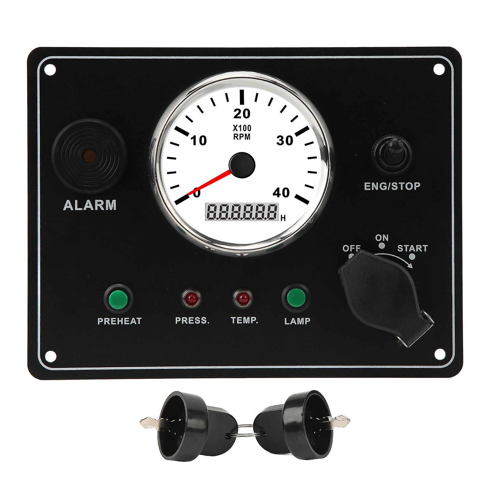 Boat Instrument Panel with Multi-Function Tachometer 4000 RPM, Engines, Stop, Start, Run, Stop, Water Temperature Alarm, IP67 Waterproof, 12V