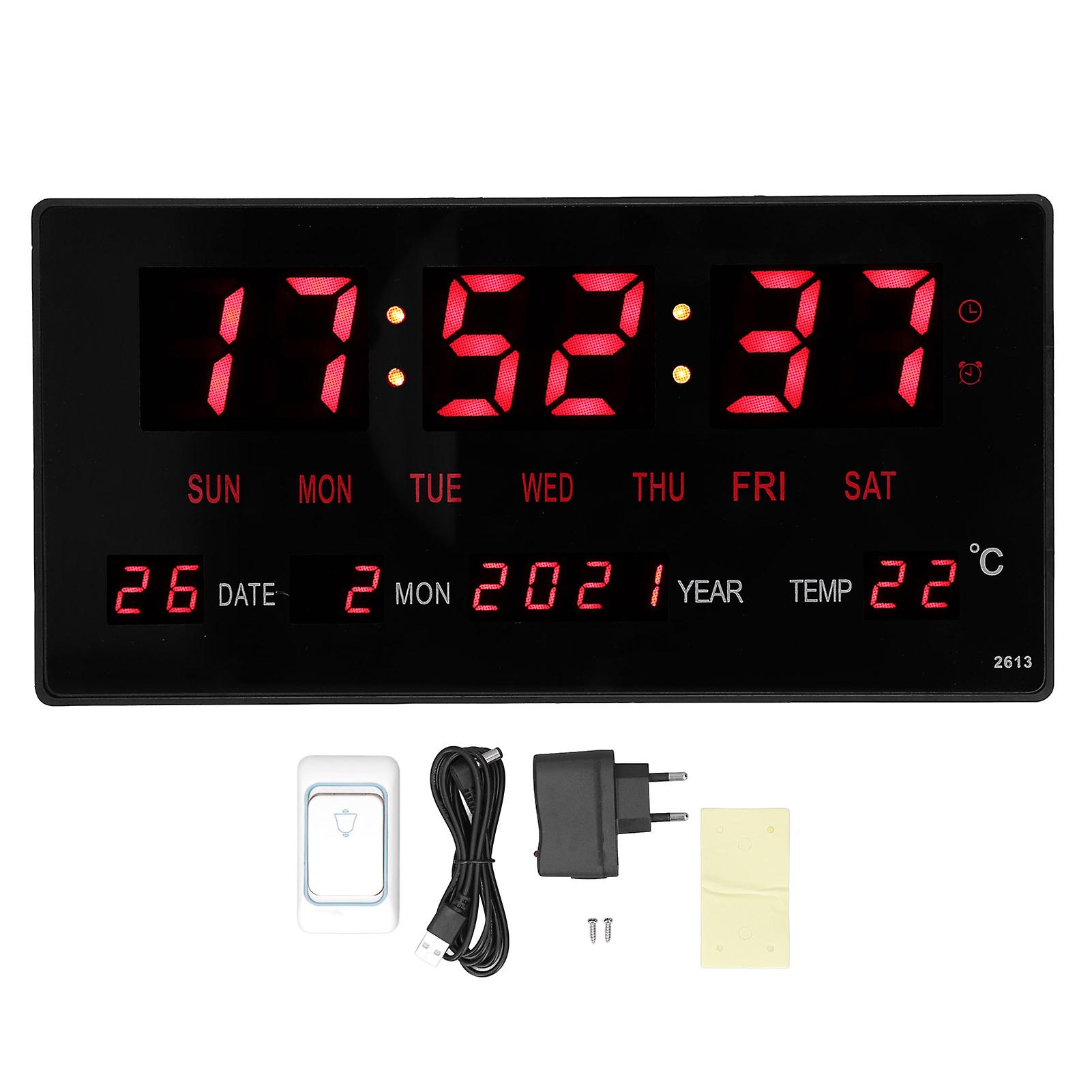 Large Display LED Digital Wall Clock with Temperature, Calendar & EU Plug