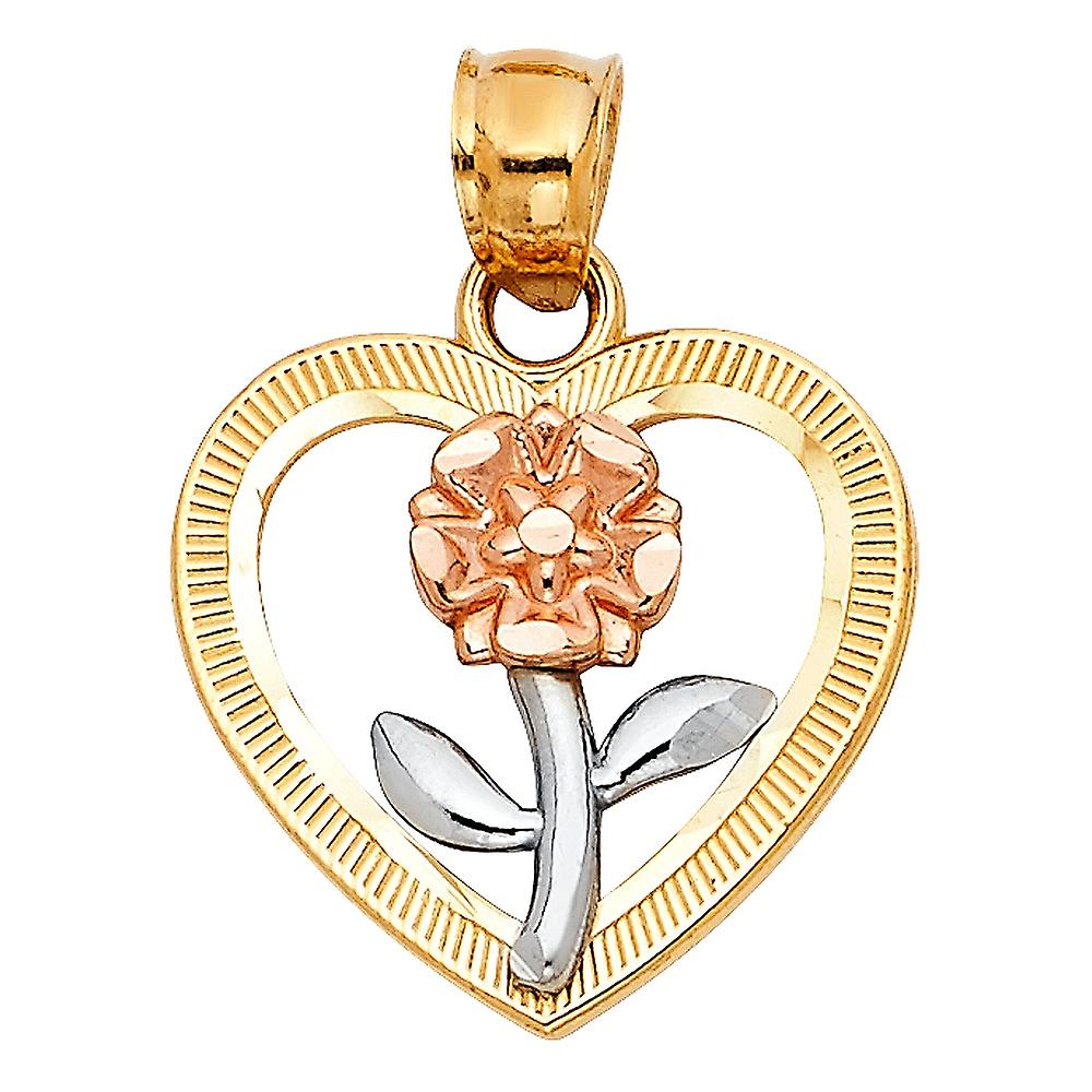 14Kイエローゴールドラブハートフラワーペンダントネックレス18x20mm-女性用ペンダント - 1.7グラム