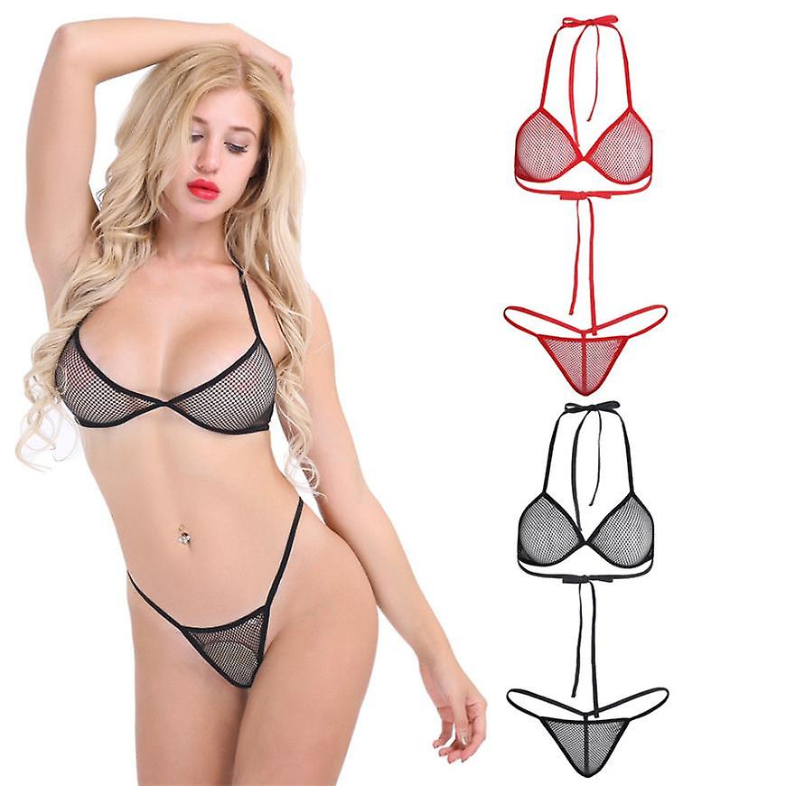Damen Transparentes Halfter Netz-Bikini-Set Bademode Transparentes BH-Top Micro Tangas