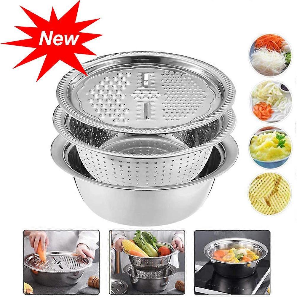 3pcs Multifunctional Stainless Steel Basin Set Fruit Vegetable Bracket Drain Basin Grater Basin Kitchen Tools