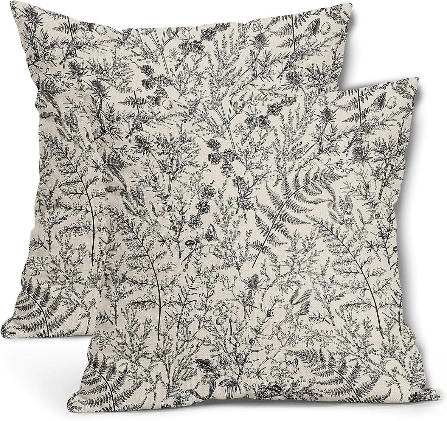 أغطية وسادة أوراق السرخس السوداء 16 × 16 بوصة نبات أوراق الأزهار الصنوبر الزخرفية وسادة عتيقة النباتية الربيع الصيف رمي الوسائد مجموعة من 2 مزرعة