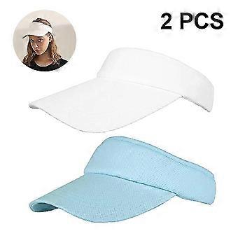 2 pcs Sun Visors for Women and Girls, Long Brim Soft Sweatband Adjustable Hats(Blue+White)