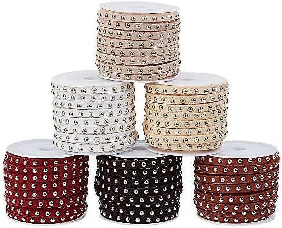 Faux Leather Beading String Rivet 6Rolls 5mm Flat Micro Fiber Suede Leather Cords Lace Studded Velvet Beading String with Punk Golden Rivet 5.5Yard/Ro