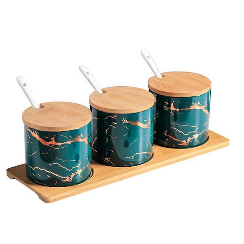 Simple Emerald Ceramic Seasoning Can Set Seasoning Box With Cover and Spoon Gift Set for Household