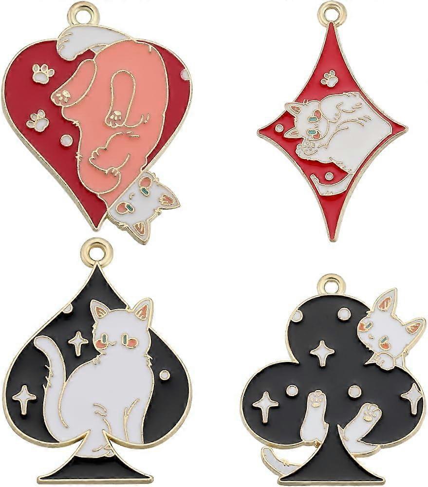 1Box 24Pcs 4Styles Cat Charms Bulk Card Charm Enamel Alloy Small Animal Cute Lucky Pet Red Heart Spade Poker Charm