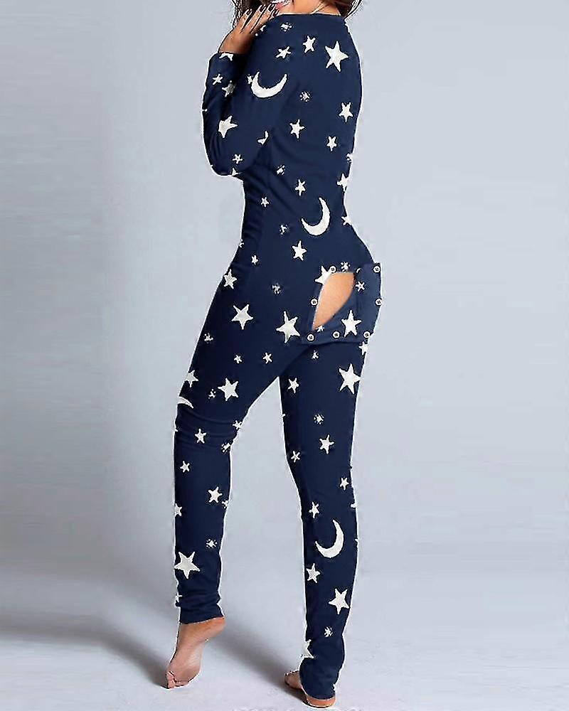 Seksi Pijama Kadınlar Için Noel Pijama Yeni Yıl Tulum Pijama Düğmeli Ön Arka Popo Bum Açık Göt Flap Tulum Noel Baskı Loungewear
