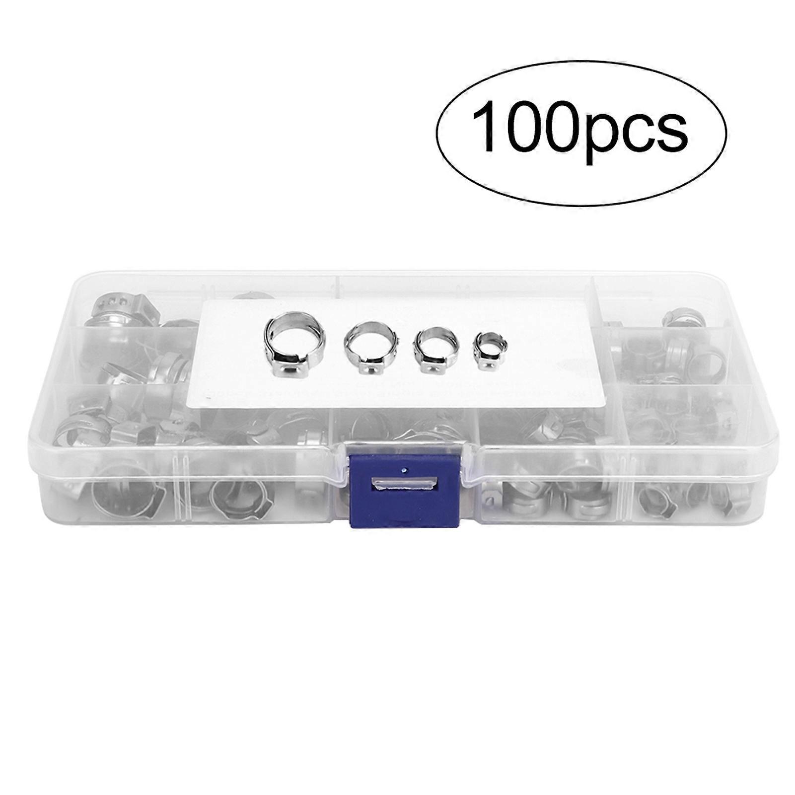 100pcs Stainless Steel Single Ear Hose Clamp Crimp Stepless Assortment Kit