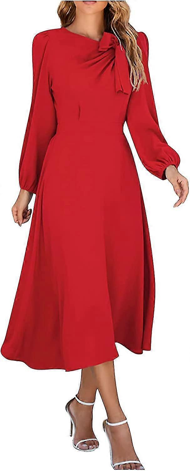 Women's Plus Size Solid Color Round Neck A-line Long Sleeve Midi es S-2xl