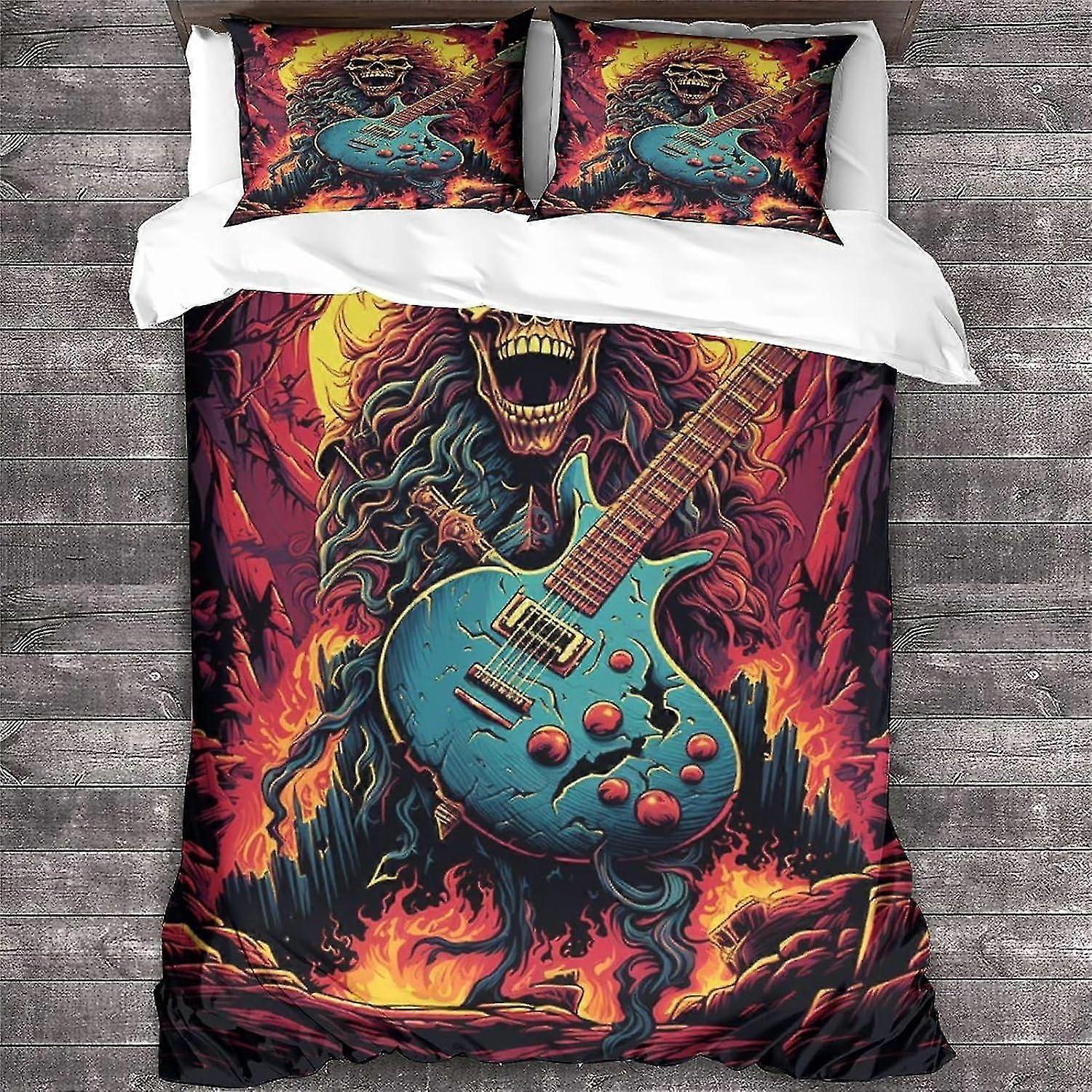 o4575 Lençóis Rock 'n' Roll Cama Capa de Edredão 3D Crânio Impresso Colcha Capa de Edredão com Fecho de Zíper, Guitarra de Heavy Metal Roupa de Cama King Lençóis f