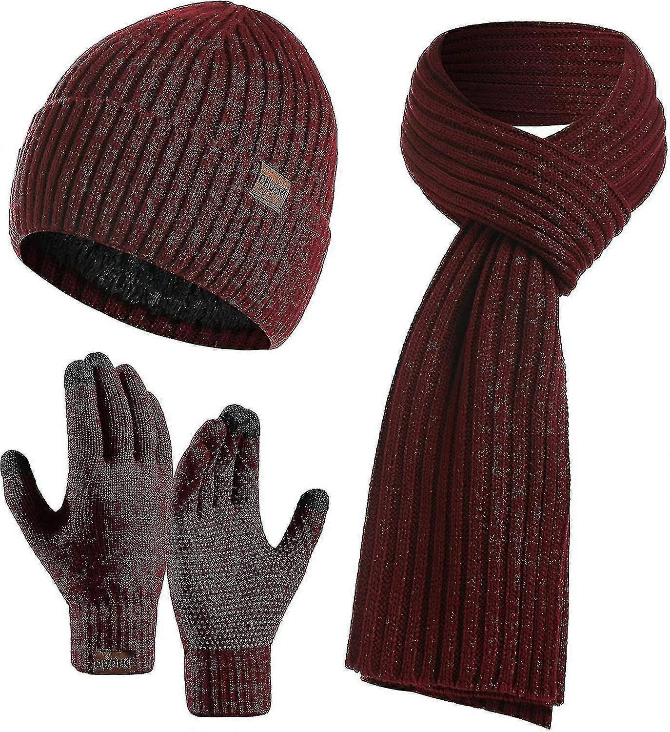 3 Pcs Winter Hat Scarf And Gloves Sets Men Or Women Unisex Warm Knitted Beanie Hat With Fleece Lined Long Neck Warmer Scarf And Touchscreen Gloves 3-i